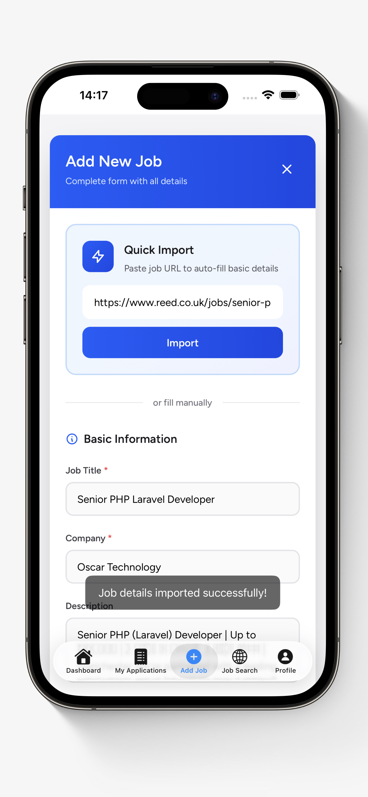 Quick Import feature on My Job Trackr mobile app auto-filling job details from a pasted URL