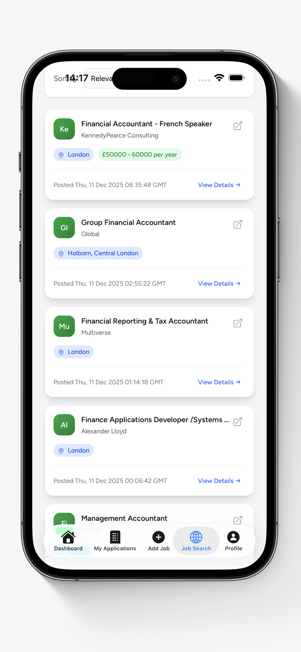 Job search results on My Job Trackr mobile showing listed roles with company, location, and salary details