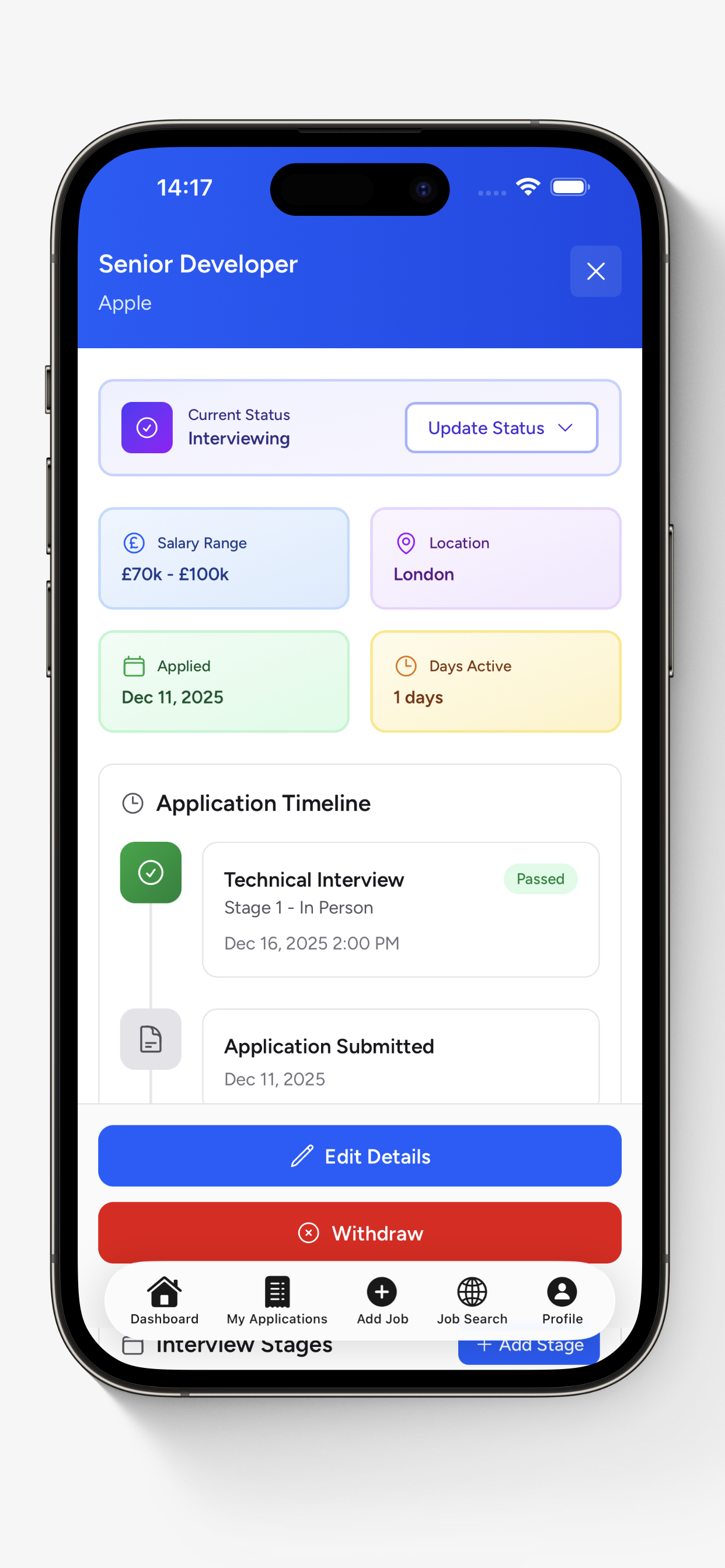 Application timeline view on My Job Trackr mobile showing interview stages, status, salary, and dates